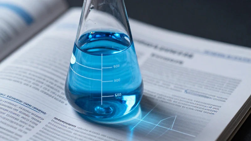 Frasco volúmetrico con líquido azul y rejilla de conversión