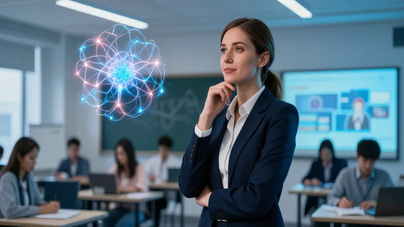 Educador reflexivo en entorno moderno con luz dramática