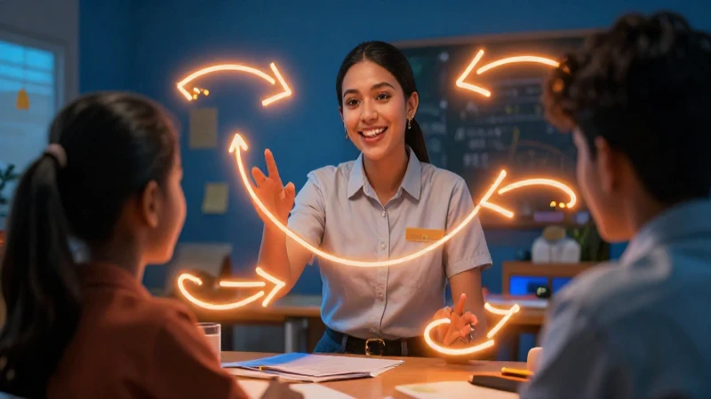 Ilustración vibrante muestra a un educador y alumno colaborando