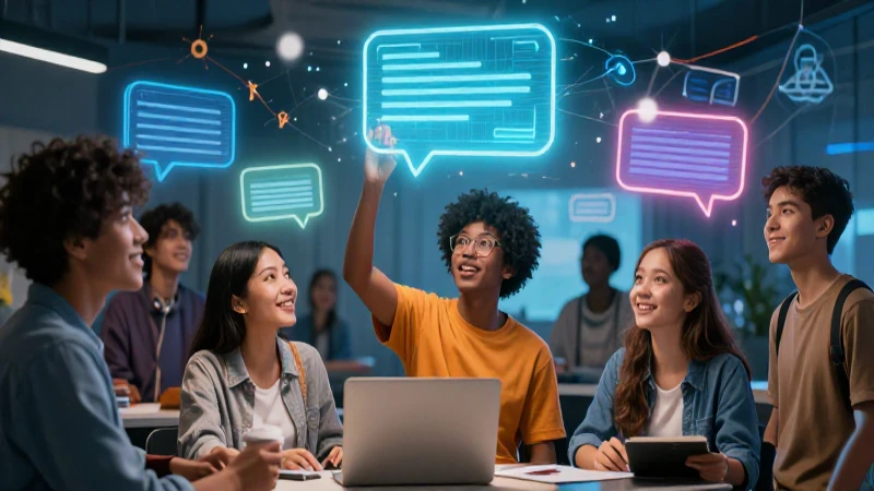 Estudiantes interactúan con burbujas digitales vibrantes
