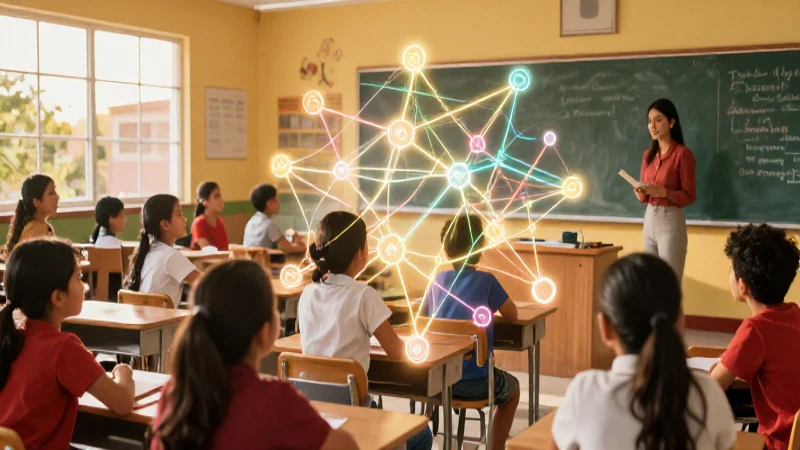 Clase vibrante en México con red conceptual y luz dorada