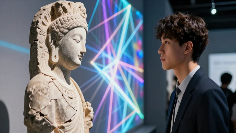 Estudiante contempla estatua antigua y luz holográfica
