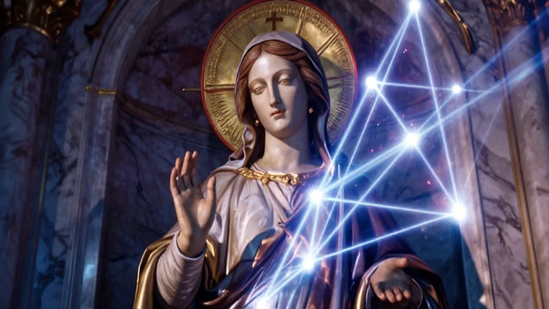 Escultura religiosa y geometría digital con estilo de revista