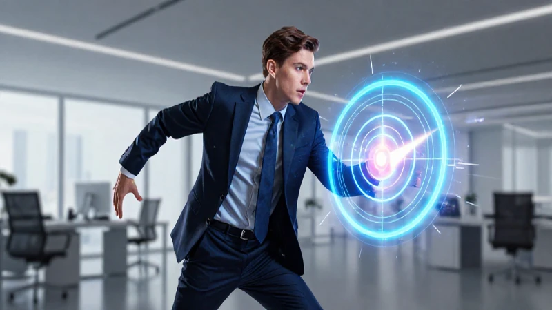 Ilustración de empresario dinámico con objetivo holográfico