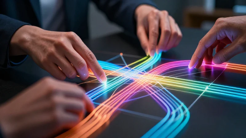 Manos organizan servicios abstractos en matrices brillantes
