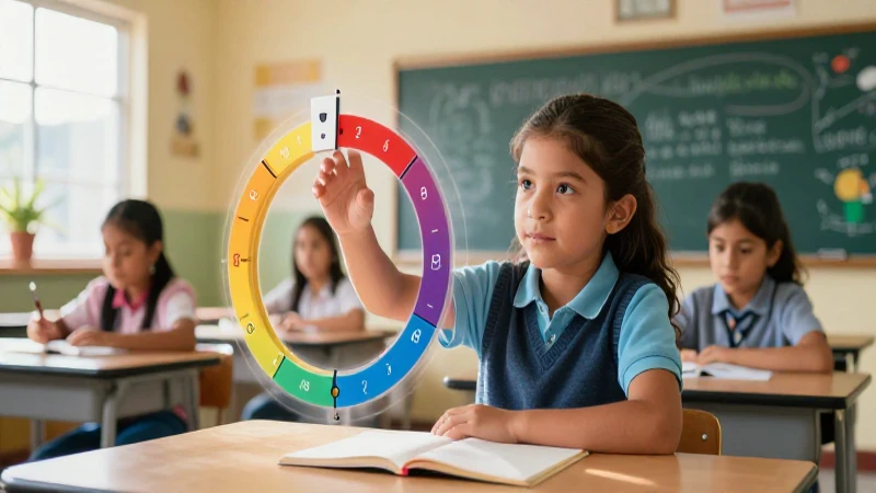 Niño mexicano interactúa con línea de tiempo en aula moderna