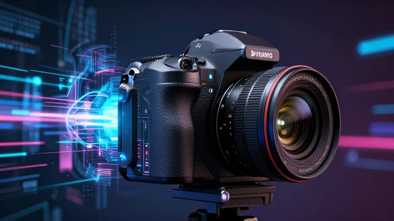 Definir videoclip: historia, concepto y su evolución 9 Cámara digital futurista con estética cinematográfica vibrante