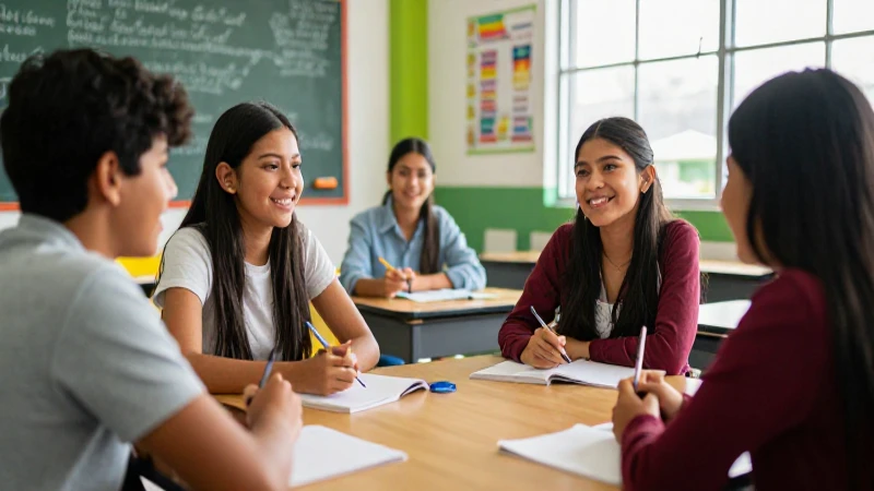Estudiantes sonriendo en clase mexicana moderna