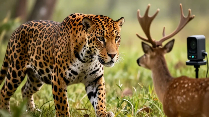 Jaguar observa a cervatillo en ilustración detallada