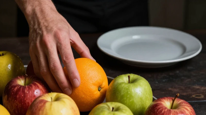 Mano toma fruta en mesa, plato vacío al fondo