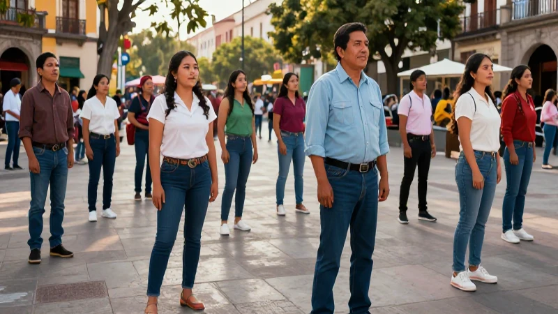 Ciudadanos mexicanos en plaza urbana vibrante