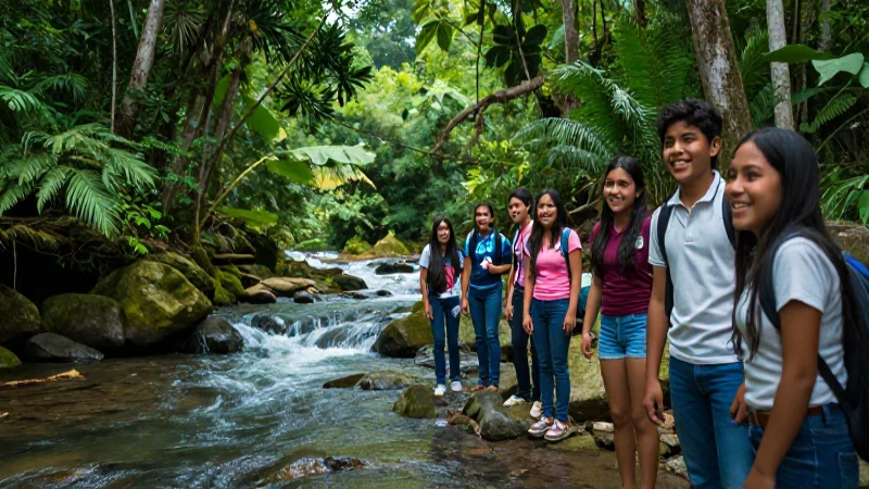 Estudiantes felices en un vibrante bosque verde