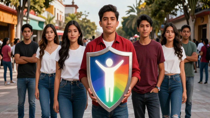 Jóvenes mexicanos sostienen el escudo de derechos