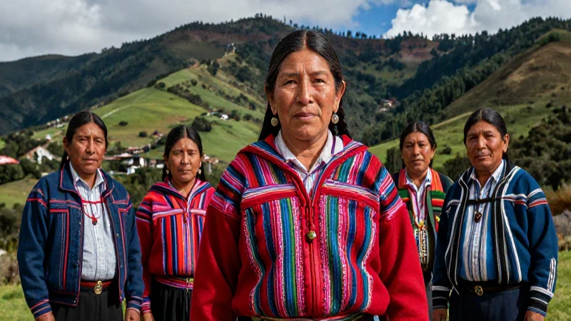 Comunidad indígena con textiles vibrantes y paisaje mexicano