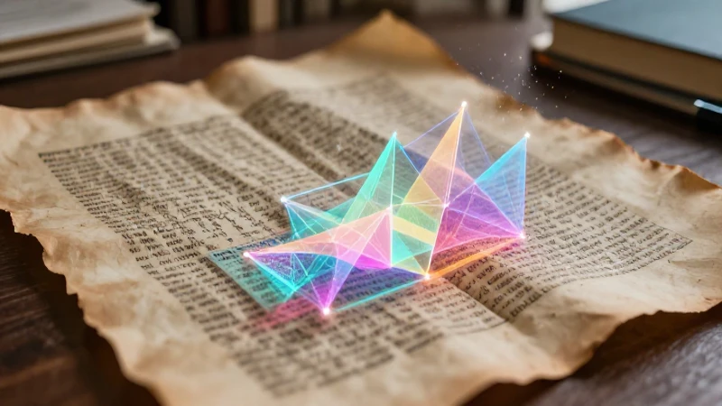 Antiguo pergamino con geometría holográfica brillante