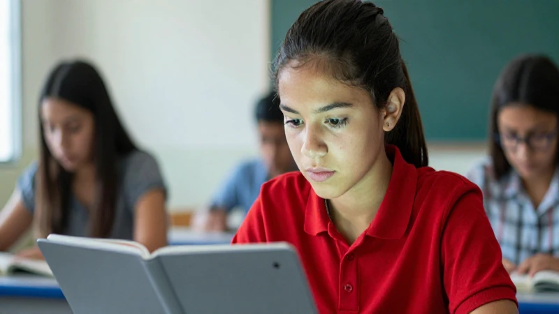 Joven mexicana estudiando con intensidad en un aula moderna