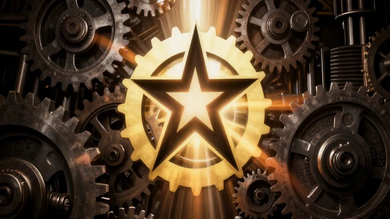 Símbolo revolucionario sobre engranajes industriales vibrantes