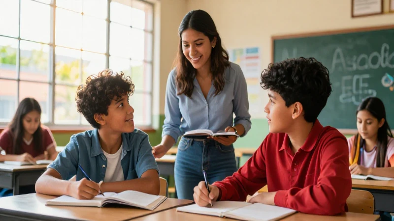 Diversos estudiantes aprenden con su maestra