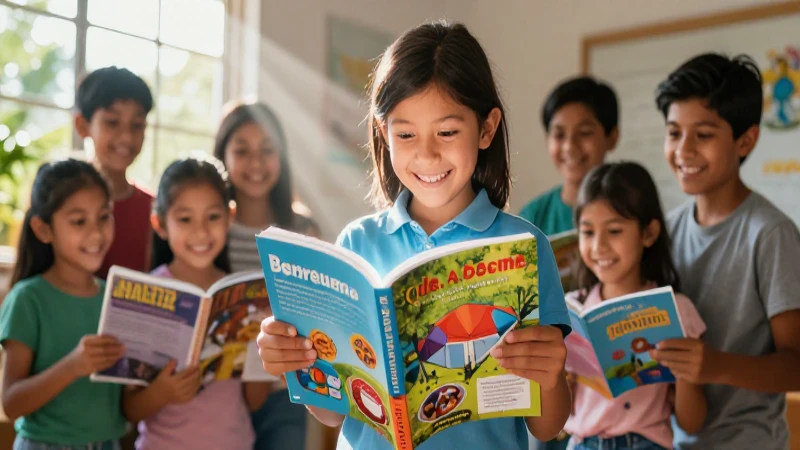 Niño mexicano sonriente con libro educativo, luz de sol
