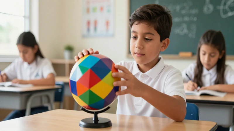 Estudiante interactúa con esfera geométrica vibrante