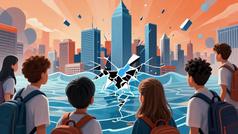 Ilustración vibrante de estudiante en una ciudad inundada