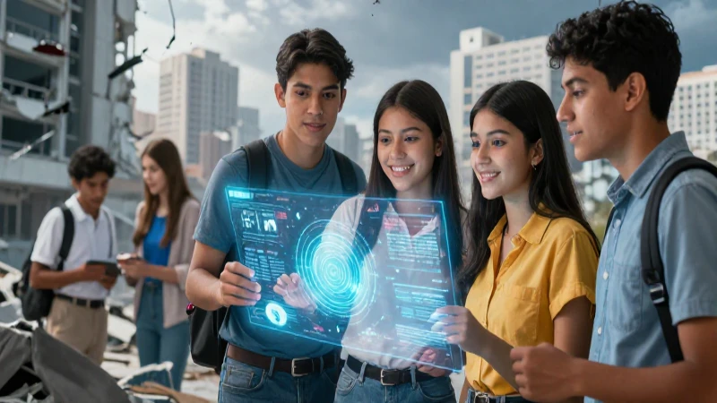 Estudiantes mexicanos y holograma en ruina
