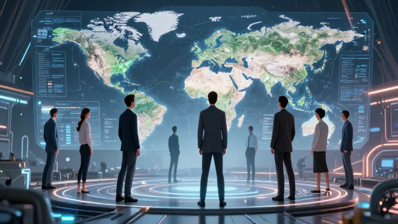 Equipo global en plataforma futurista ante crisis
