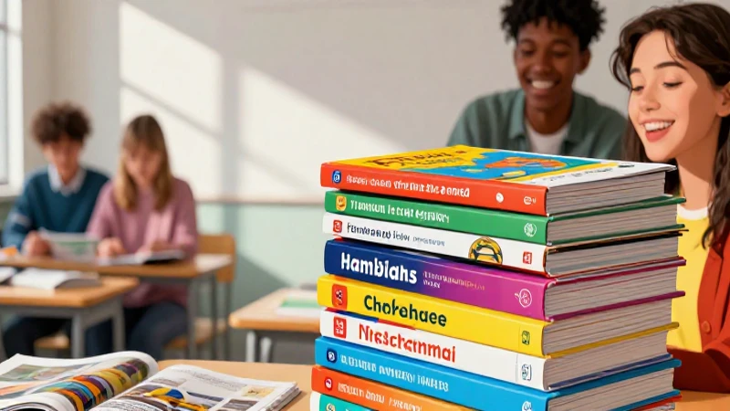 Estudiante alegre y libros vibrantes en aula minimalista