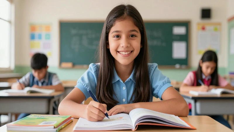 Estudiante mexicano sonriente en un aula brillante