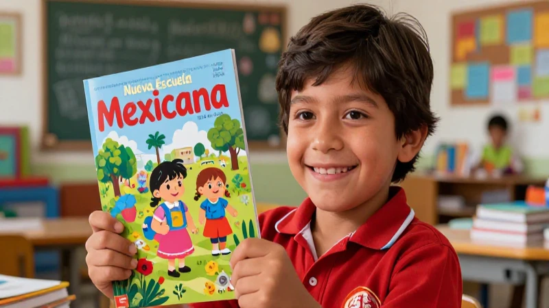 Estudiante sonriente disfruta libros educativos mexicanos