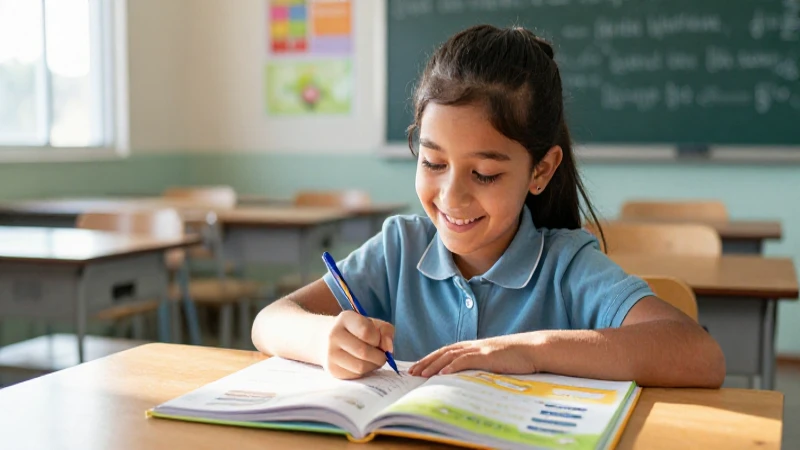 Niño alegre estudiando en clase moderna