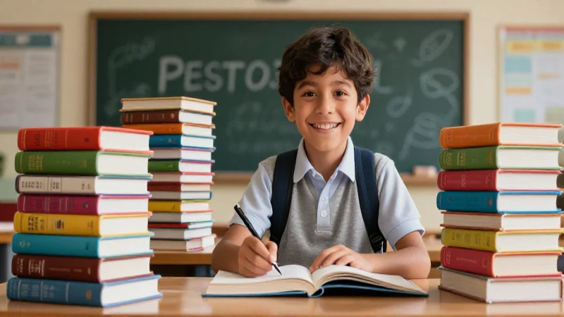 Estudiante alegre en aula mexicana con libros vibrantes