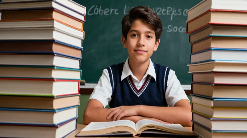 Joven estudiante mexicano rodeado de libros vibrantes