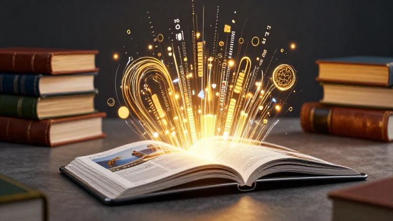 Tablet digital brillante con libros y datos flotantes