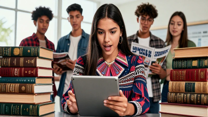 Estudiante mexicano entusiasta rodeado de libros antiguos