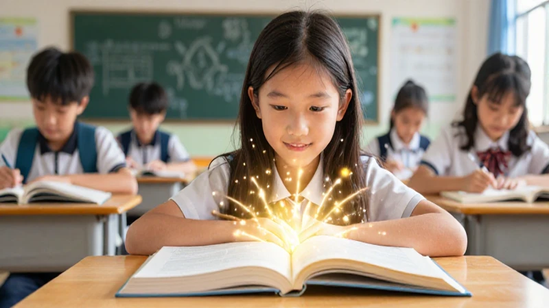 Estudiante aprende en revista educativa vibrante