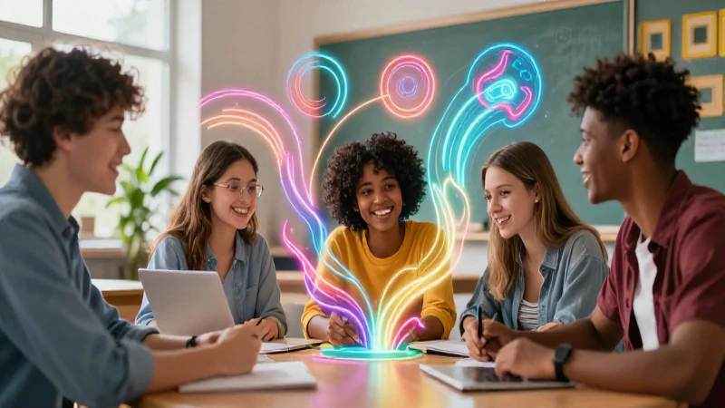 Ilustración vibrante de estudiantes en un entorno moderno