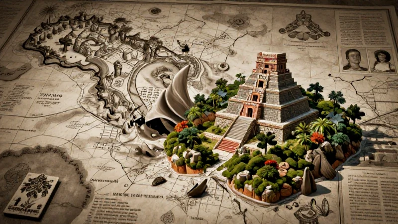 Mapa antiguo y paisaje vibrante colisionan dramáticamente