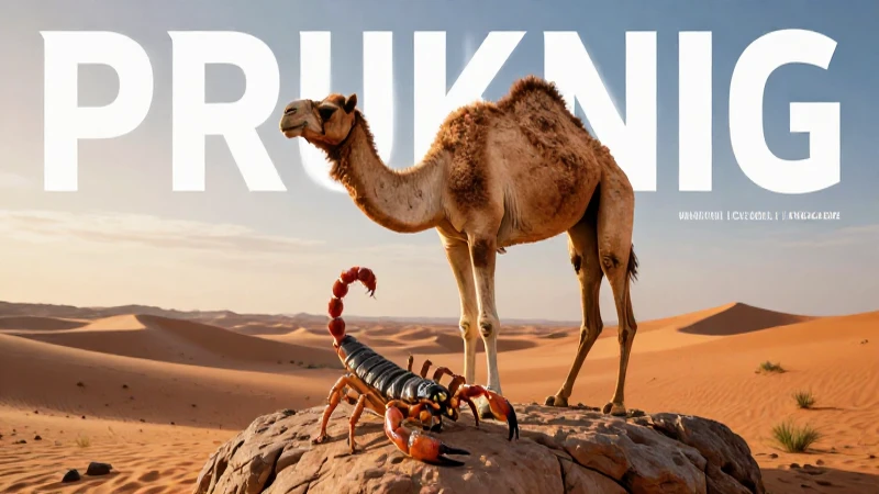 Camel, escorpión, y desierto al atardecer