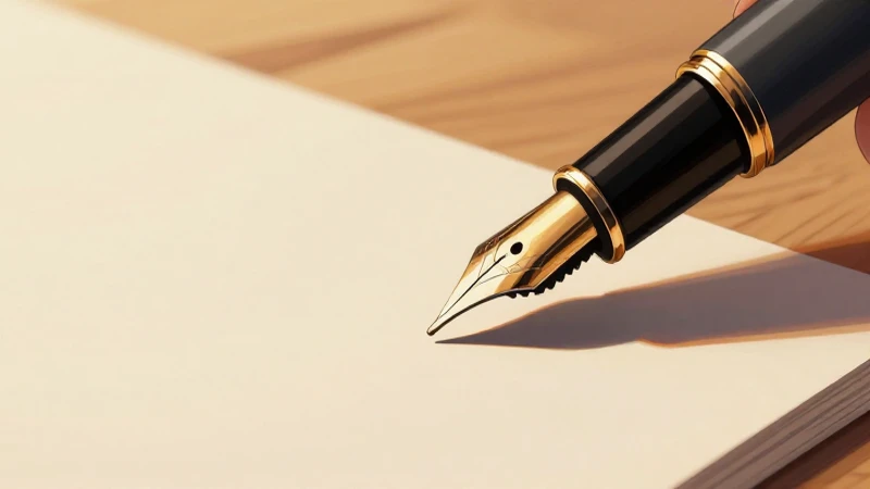 Pluma elegante en papel sobre escritorio de madera