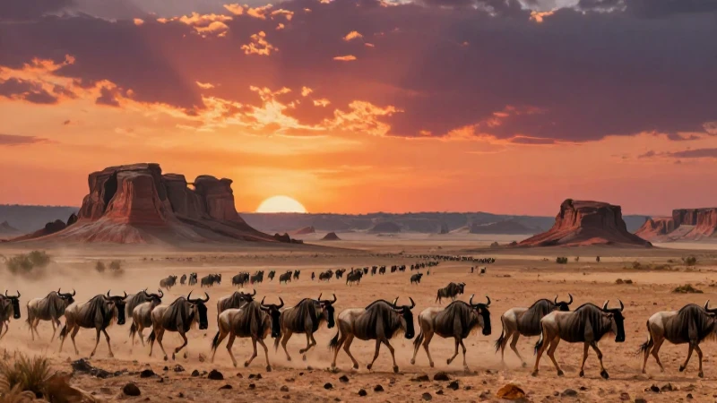 Gran manada migrando bajo un atardecer dramático