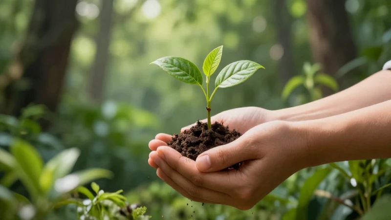 Manos sostienen un pequeño brote verde en un ecosistema vibrante