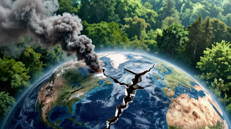 Tierra fracturada sobre bosque verde y humo