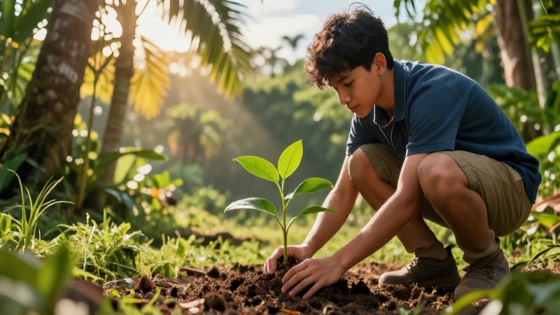 Joven planta sapling vibrante al atardecer tropical