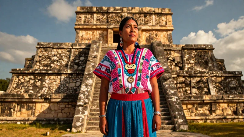 Mujer indígena poderosa en ruinas mesoamericanas