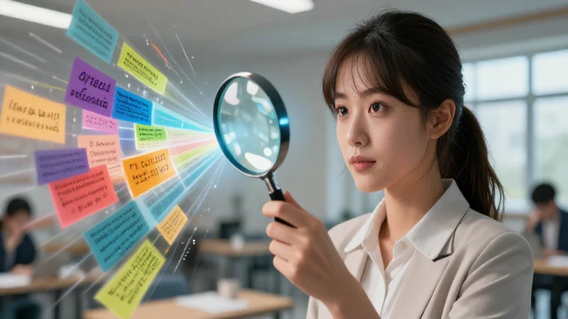 Mujer brillante revisando conceptos lingüísticos complejos