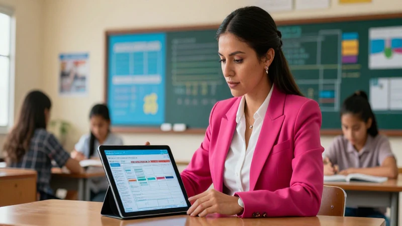 Profesora digital analizando datos en una clase moderna