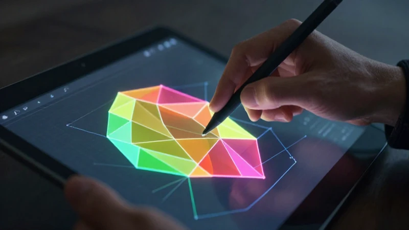 Manos construyen un diagrama geométrico vibrante en una tableta