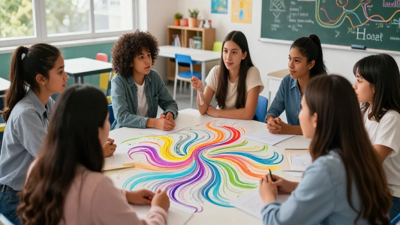 Ilustración vibrante de jóvenes mexicanos aprendiendo
