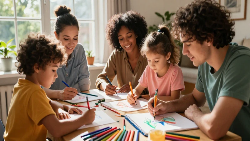 Familia feliz creando arte en casa